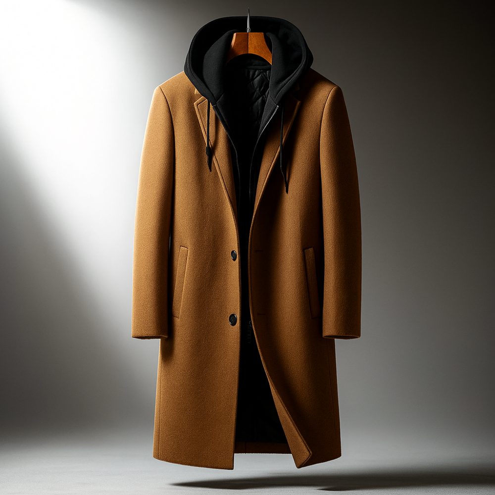 Manteau long pour homme - Capuche, fermeture à boutons, coupe ajustée
