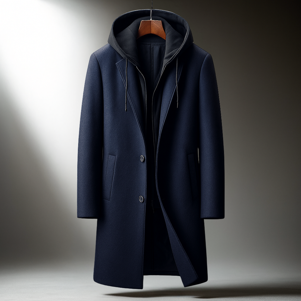 Manteau long pour homme - Capuche, fermeture à boutons, coupe ajustée