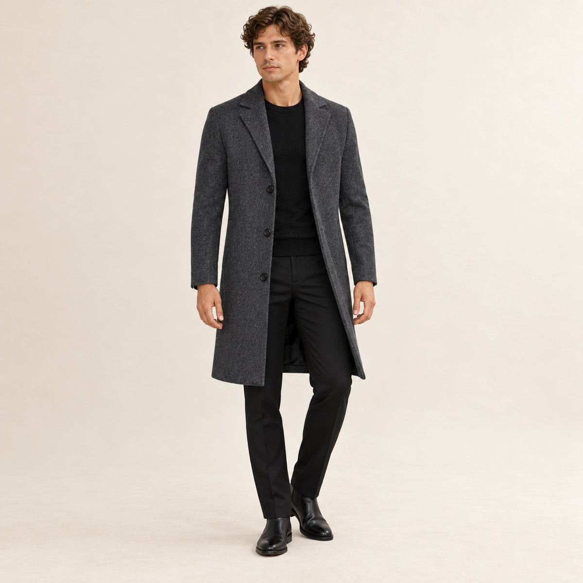 Manteau long pour homme coupe droite col notched fermeture bouton