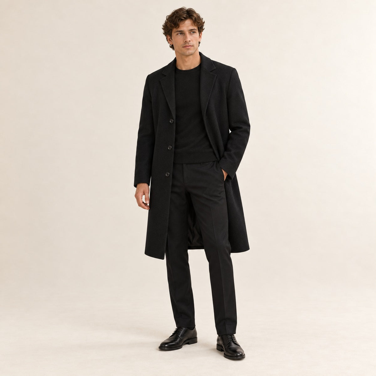 Manteau long pour homme coupe droite col notched fermeture bouton