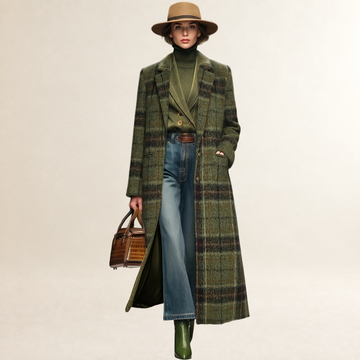 Manteau pour femmes long à carreaux avec revers - coupe ample