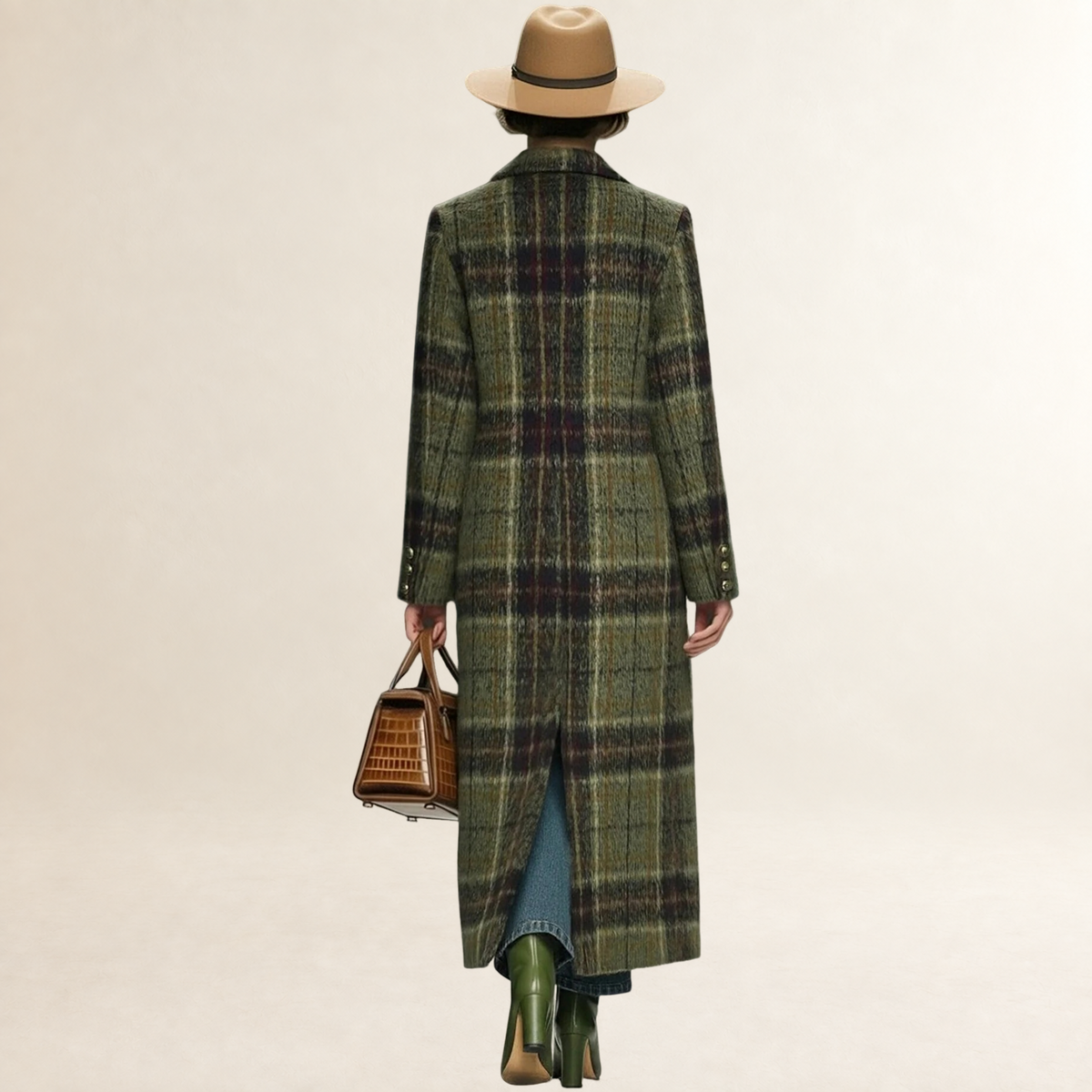 Manteau pour femmes long à carreaux avec revers - coupe ample