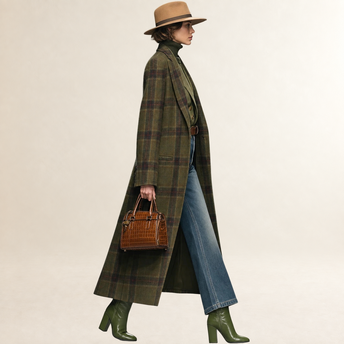 Manteau pour femmes long à carreaux avec revers - coupe ample