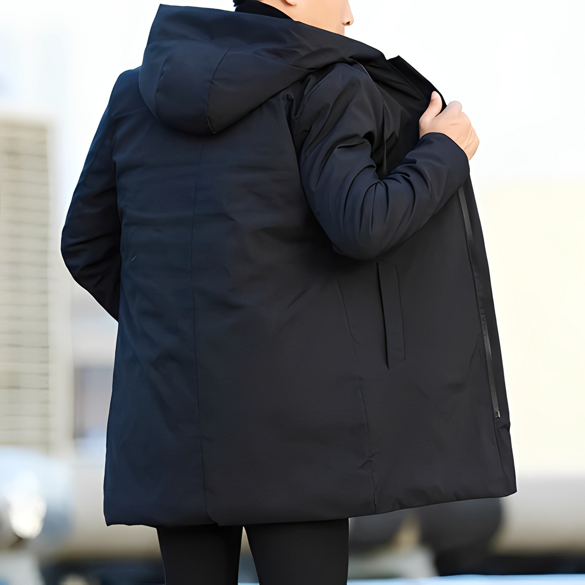 Manteau pour homme mi-long à capuche intégrée, doublure matelassée isolante et fermeture éclair centrale