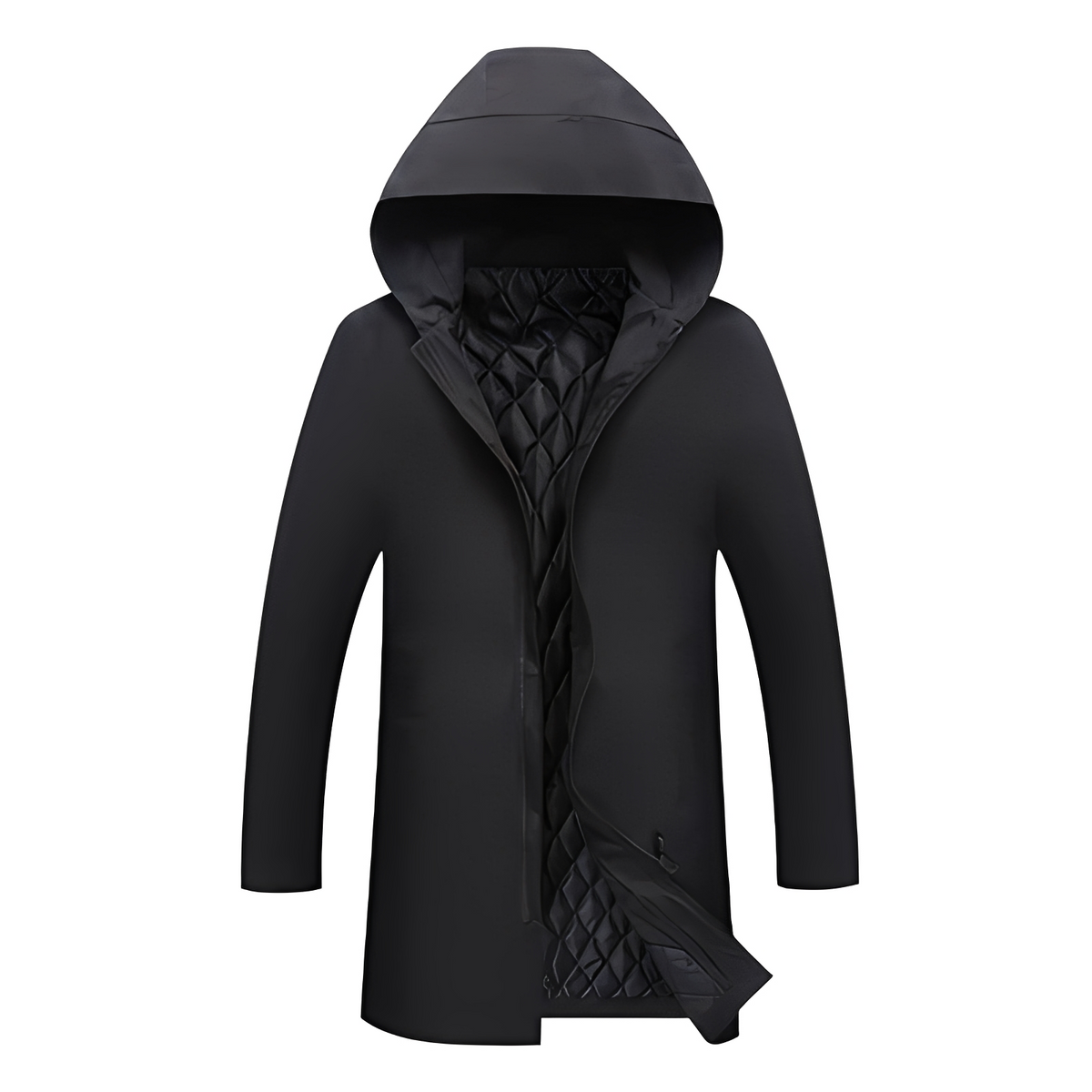 Manteau pour homme mi-long à capuche intégrée, doublure matelassée isolante et fermeture éclair centrale