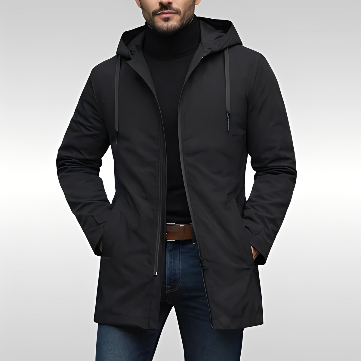 Manteau pour homme mi-long à capuche intégrée, doublure matelassée isolante et fermeture éclair centrale