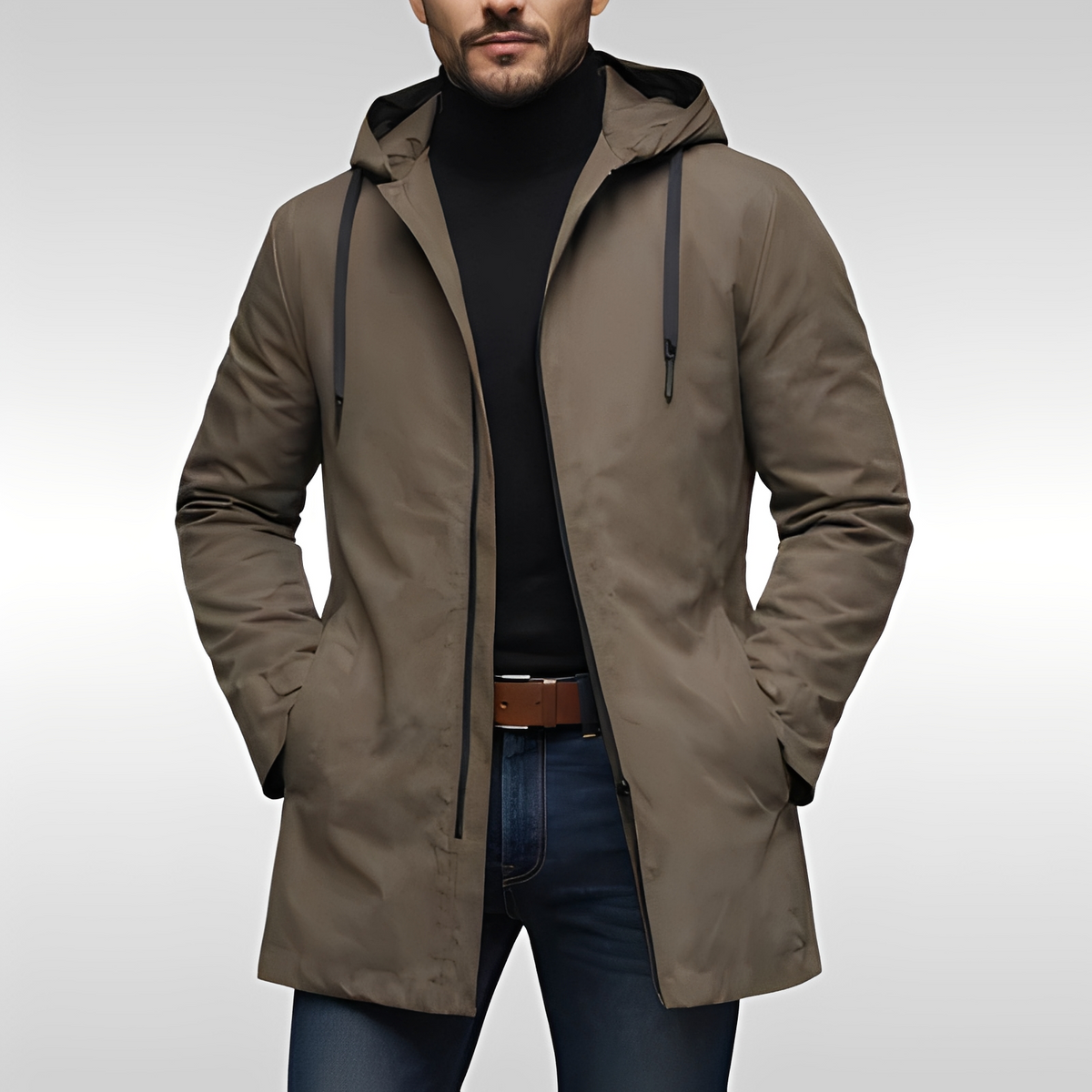 Manteau pour homme mi-long à capuche intégrée, doublure matelassée isolante et fermeture éclair centrale