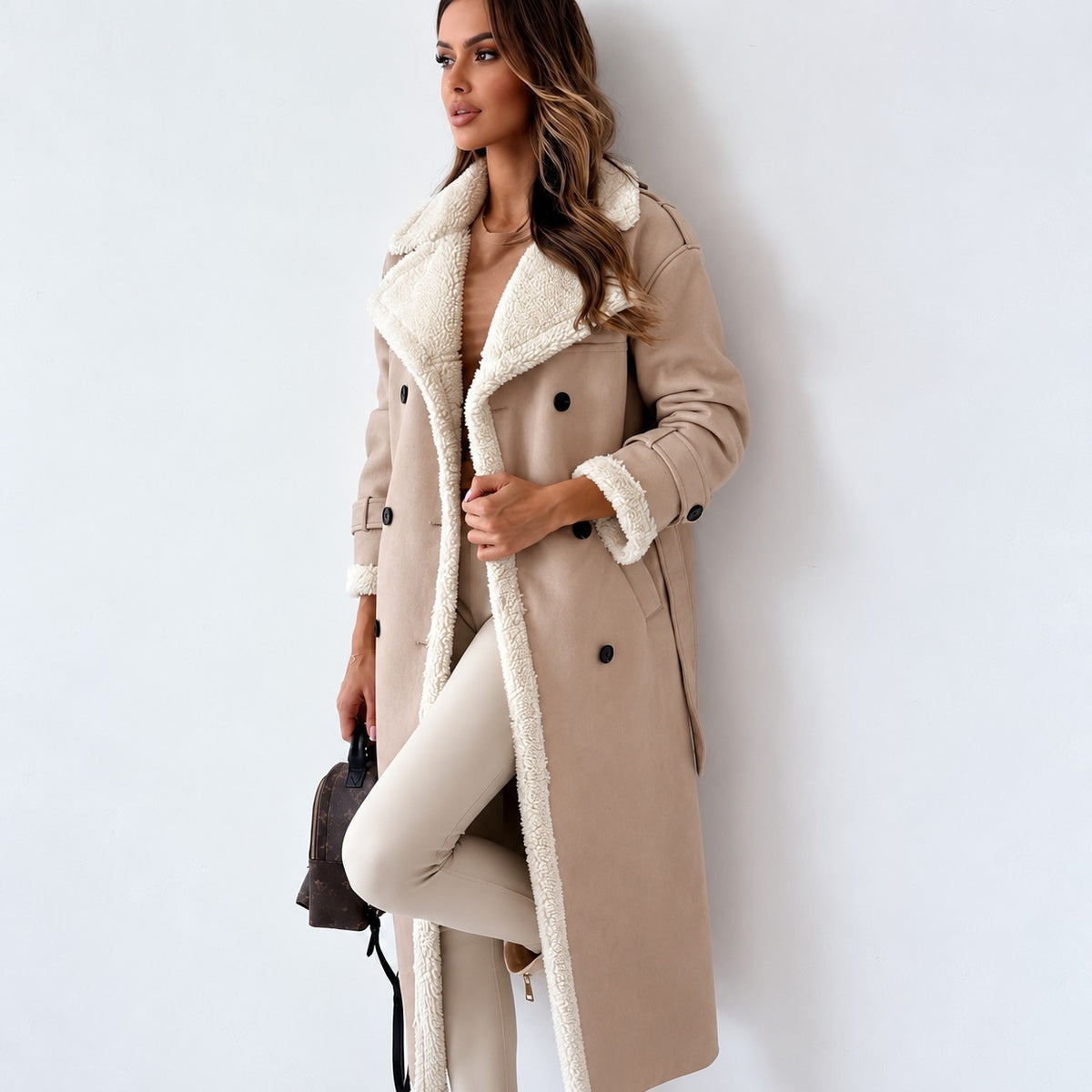 Manteau teddy pour femme double-breasted ceinture coupe oversize longueur mi-mollet
