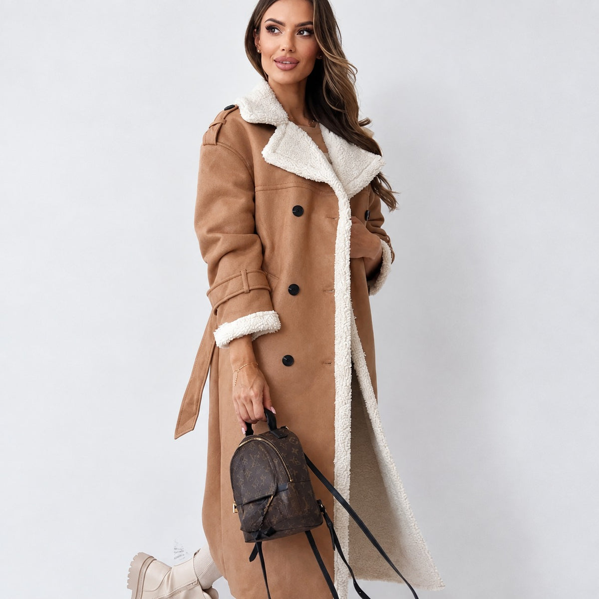 Manteau teddy pour femme double-breasted ceinture coupe oversize longueur mi-mollet