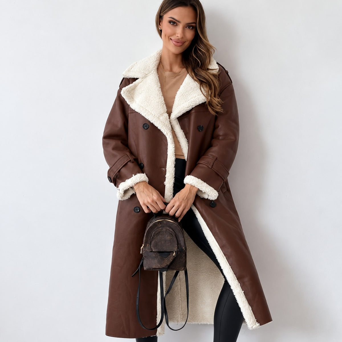 Manteau teddy pour femme double-breasted ceinture coupe oversize longueur mi-mollet