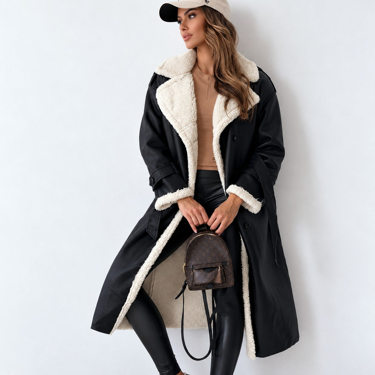 Manteau teddy pour femme double-breasted ceinture coupe oversize longueur mi-mollet