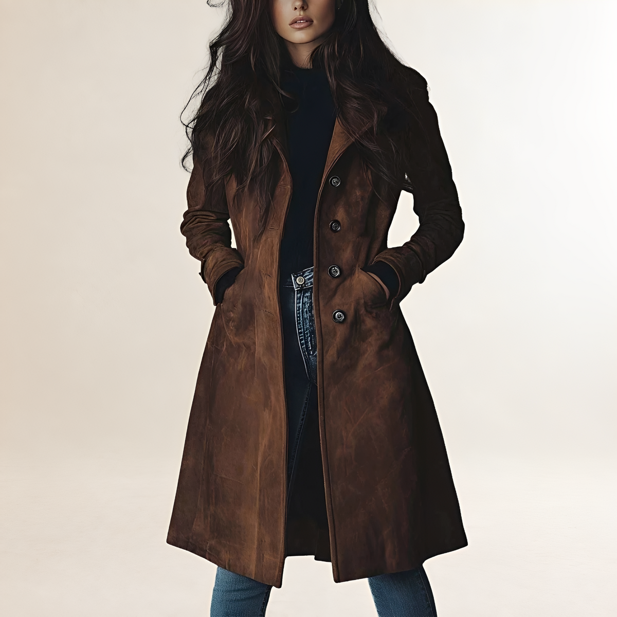 Manteau trench femme coupe classique longueur longue fermeture bouton silhouette ajustée