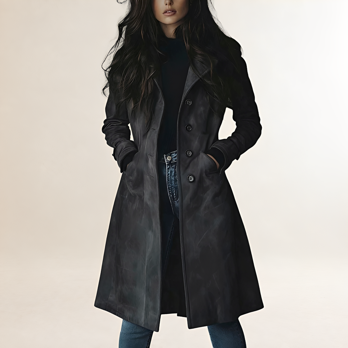 Manteau trench femme coupe classique longueur longue fermeture bouton silhouette ajustée