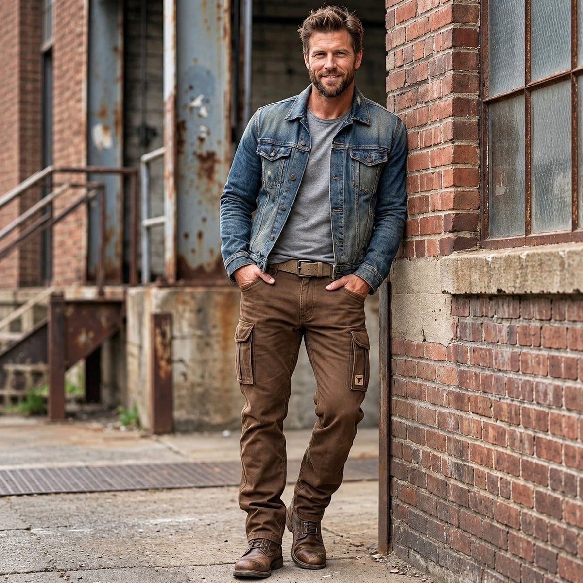 Pantalon cargo homme coupe droite avec multiples poches et taille mi-haute