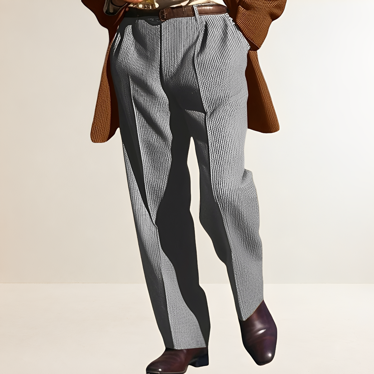 Pantalon de costume pour homme à rayures et coupe droite avec plis