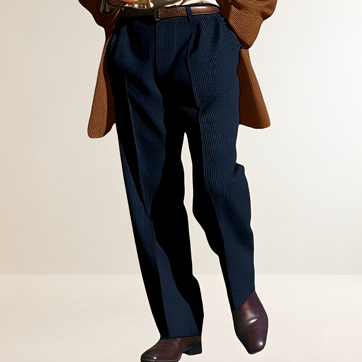 Pantalon de costume pour homme à rayures et coupe droite avec plis