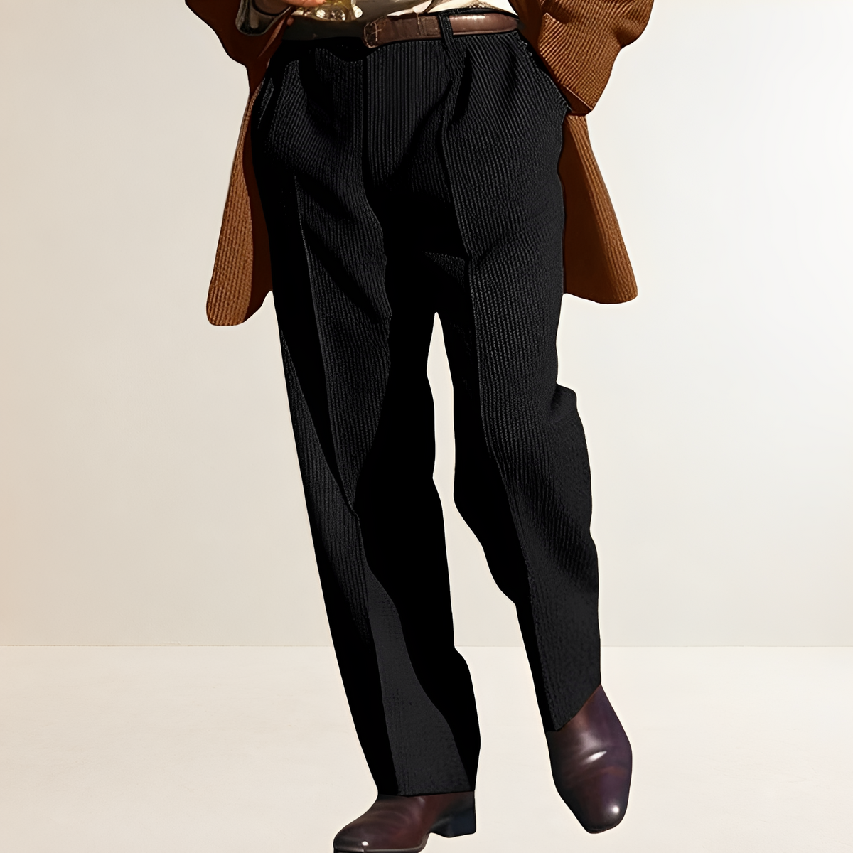 Pantalon de costume pour homme à rayures et coupe droite avec plis