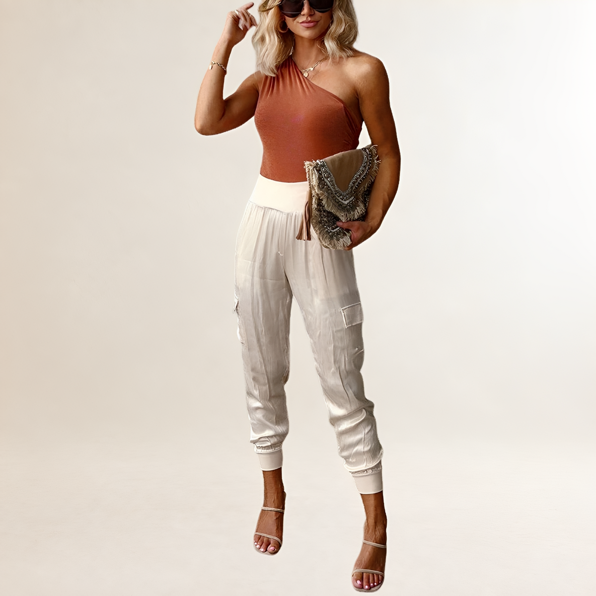Pantalon de jogging cargo femme taille-haute, poches latérales et poches cargo, jambes étroites avec poignet côtelé