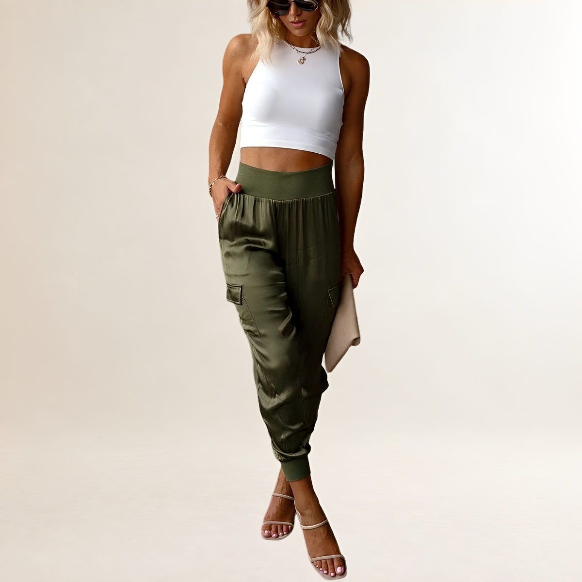 Pantalon de jogging cargo femme taille-haute, poches latérales et poches cargo, jambes étroites avec poignet côtelé
