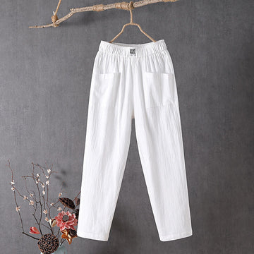 Pantalon femme à jambe droite ample, taille élastiquée, poches plaquées frontales, longueur 7/8