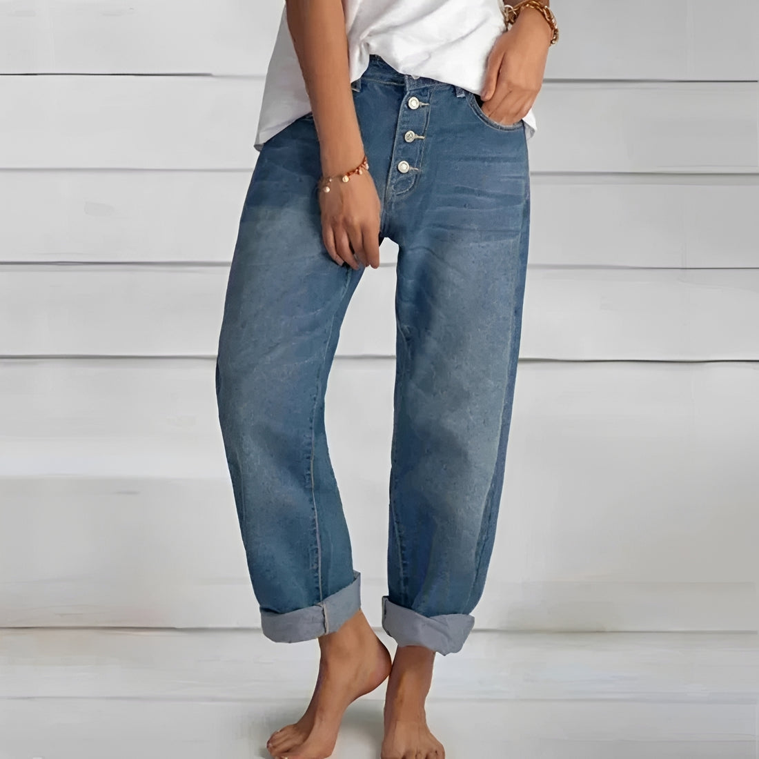 Pantalon femme jean taille haute coupe décontractée avec bouton et revers