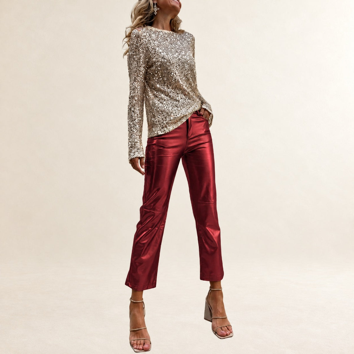 Pantalon femme taille haute à jambe droite cropped - finition métallique, quatre poches, fermeture éclair