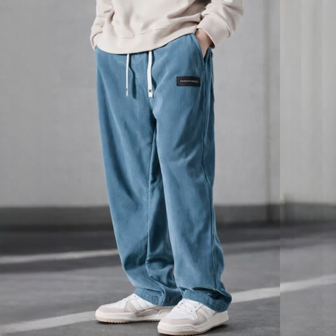 Pantalon homme à ceinture élastiquée et cordon de serrage - coupe droite relaxe, poches latérales
