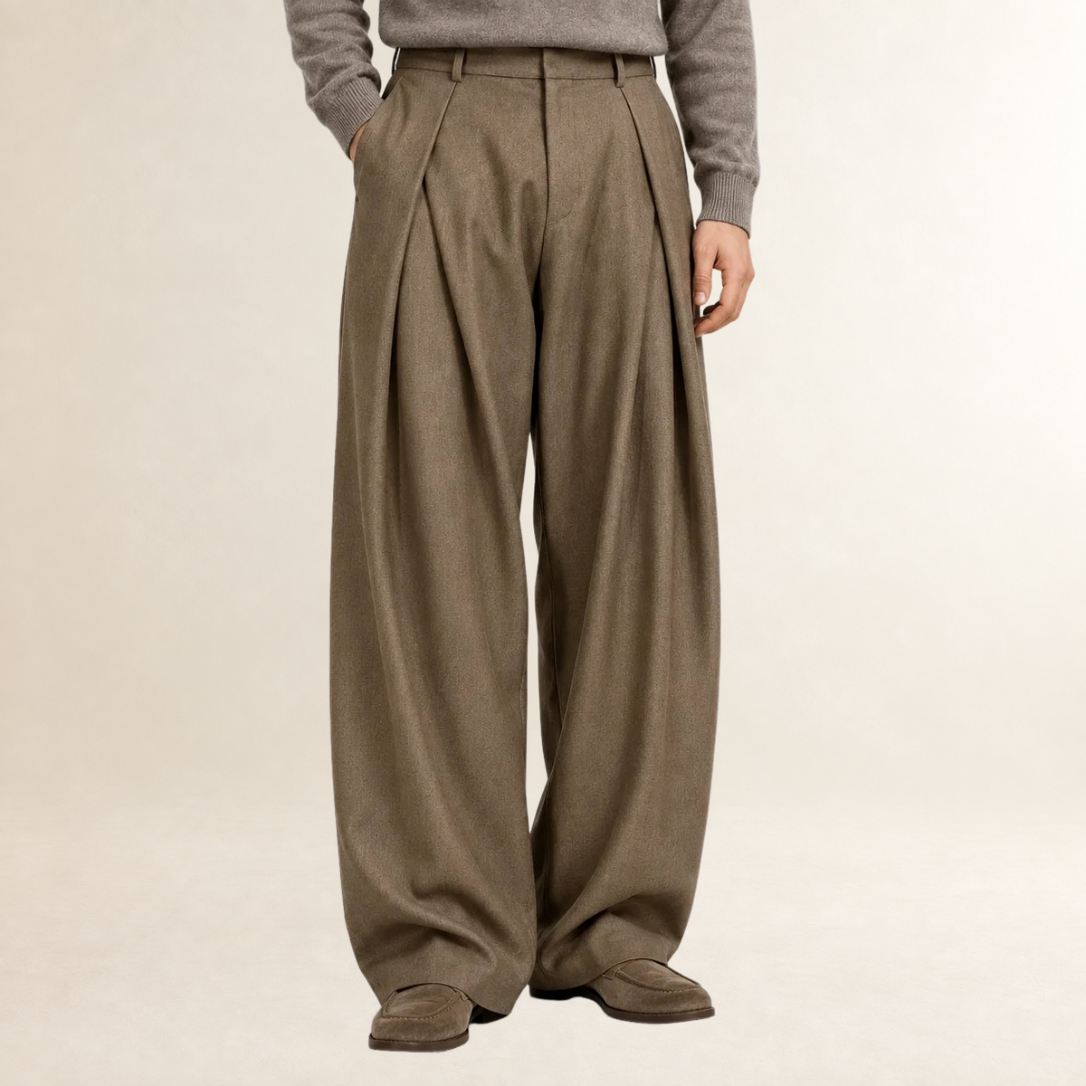 Pantalon homme coupe large à taille haute à plis plissés doublés