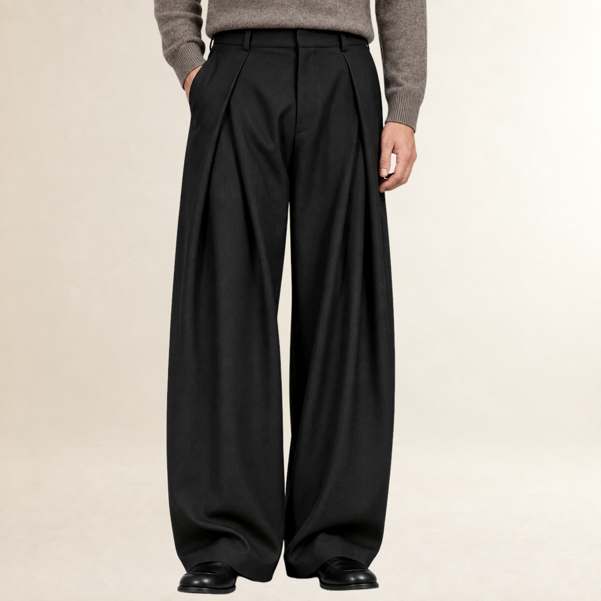 Pantalon homme coupe large à taille haute à plis plissés doublés