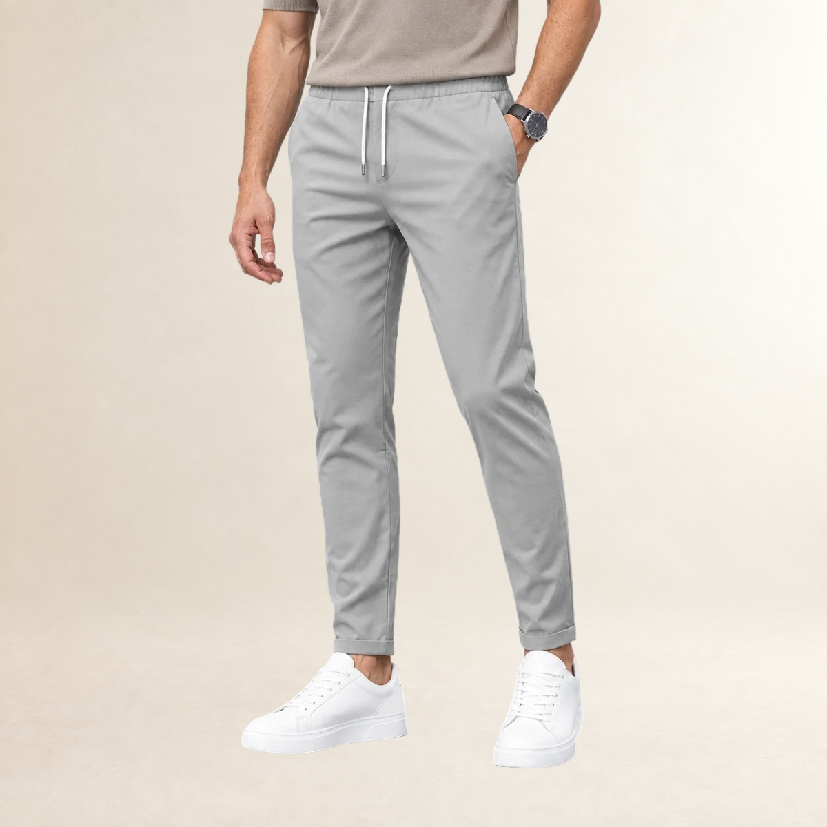 Pantalon homme coupe slim à taille ajustable avec cordon et jambes tapered