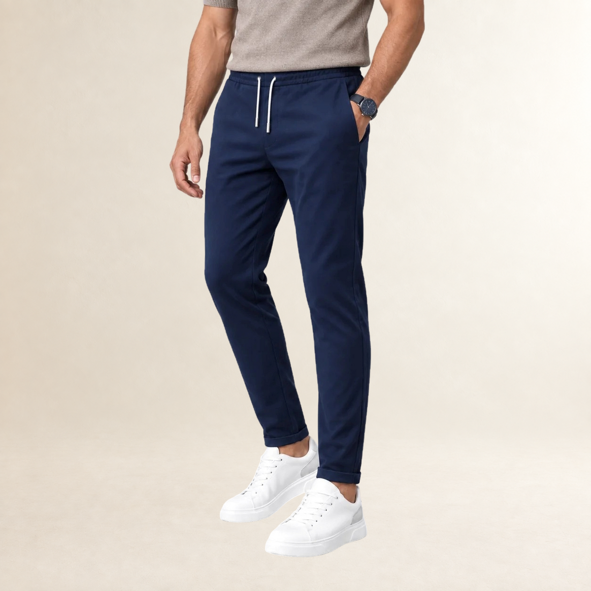 Pantalon homme coupe slim à taille ajustable avec cordon et jambes tapered