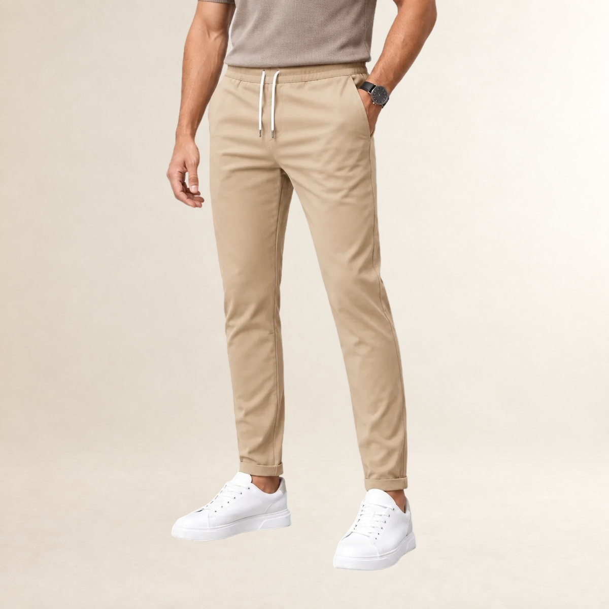 Pantalon homme coupe slim à taille ajustable avec cordon et jambes tapered