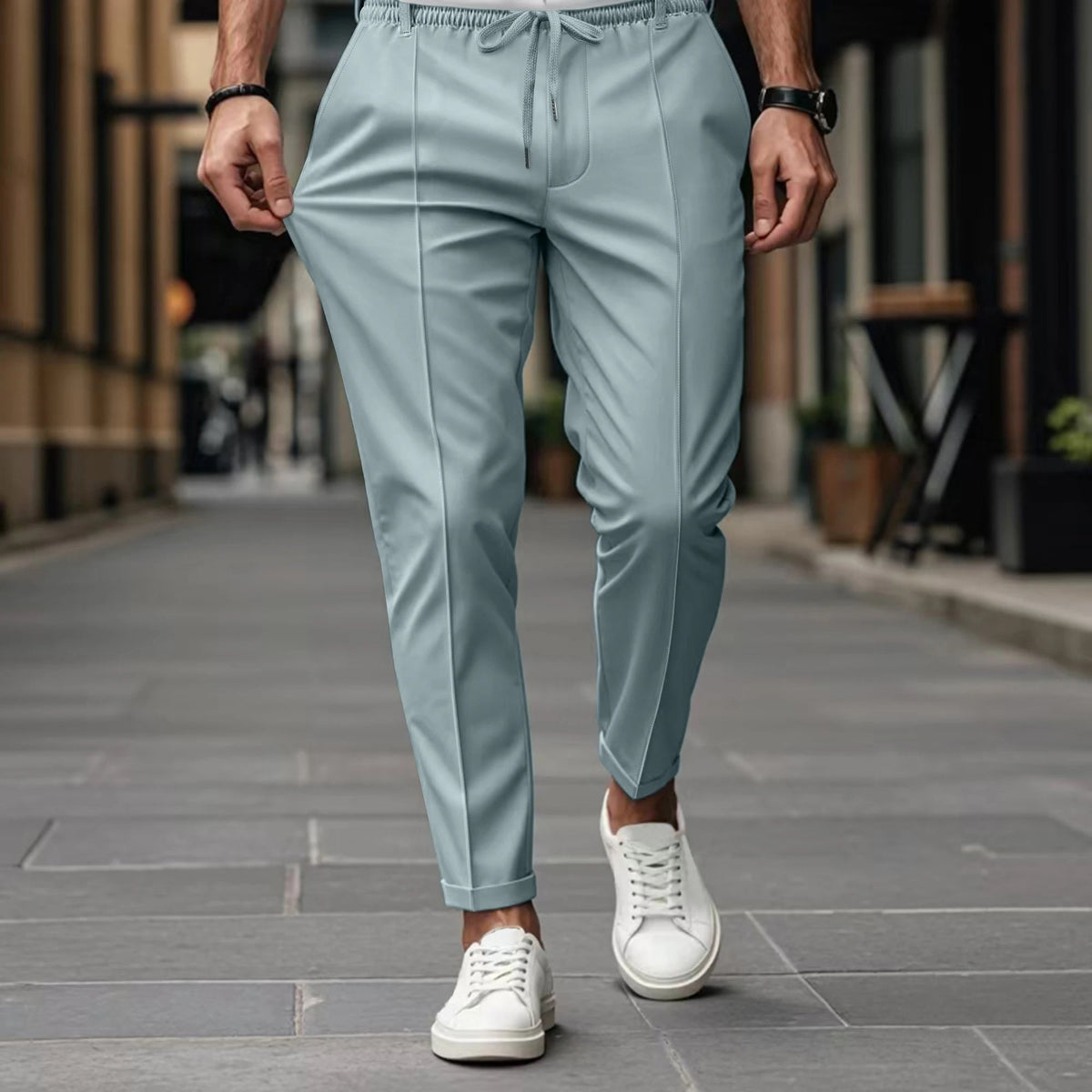 Pantalon pour homme à taille élastiquée avec cordon - pinces devant, coupe droite et jambe fuselée