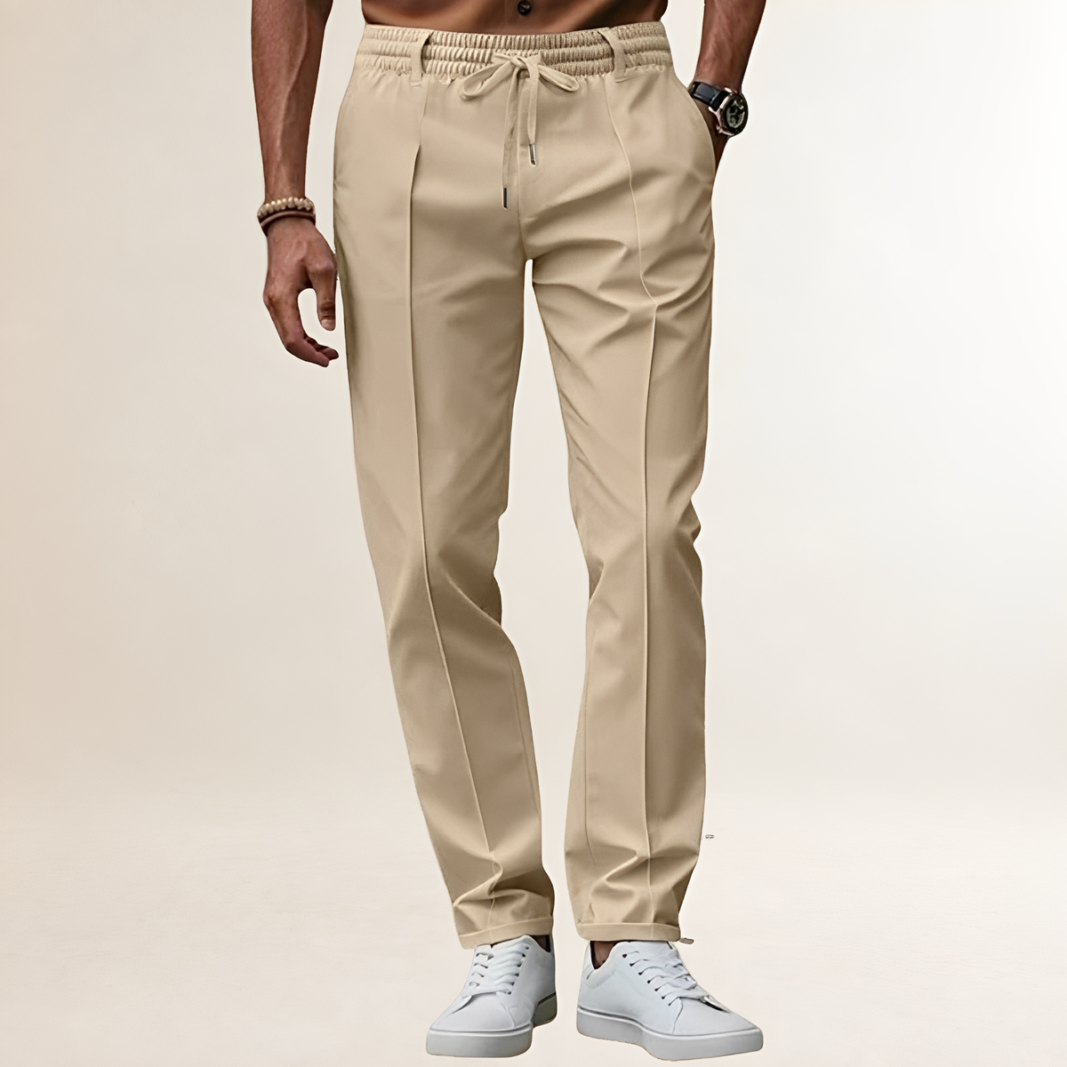Pantalon pour homme à taille élastique avec cordon de serrage et pli marqué