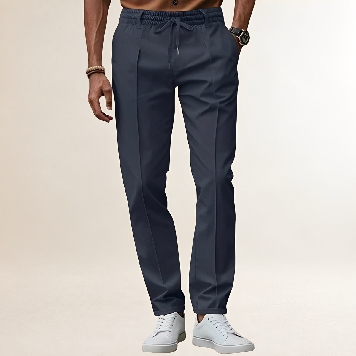 Pantalon pour homme à taille élastique avec cordon de serrage et pli marqué