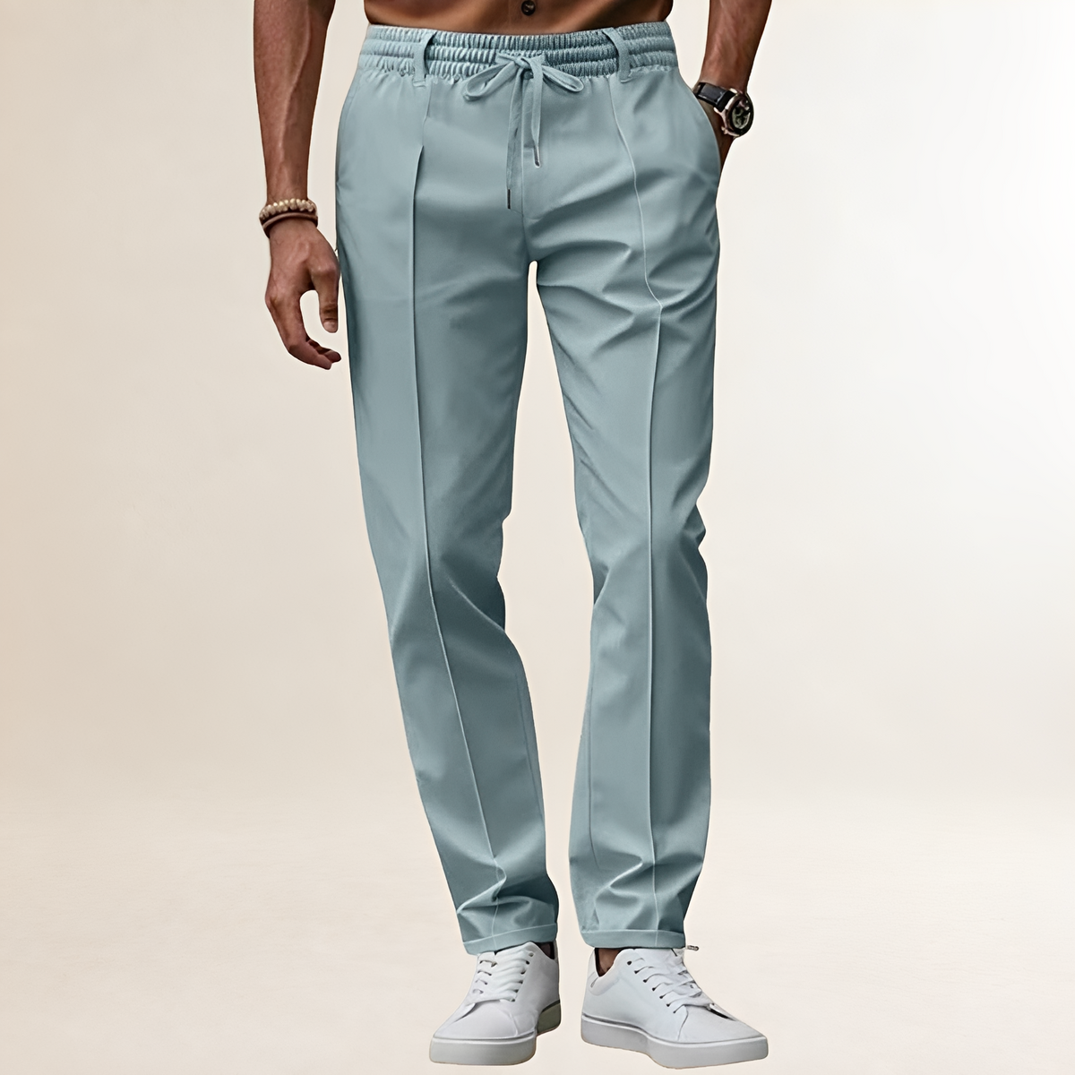 Pantalon pour homme à taille élastique avec cordon de serrage et pli marqué