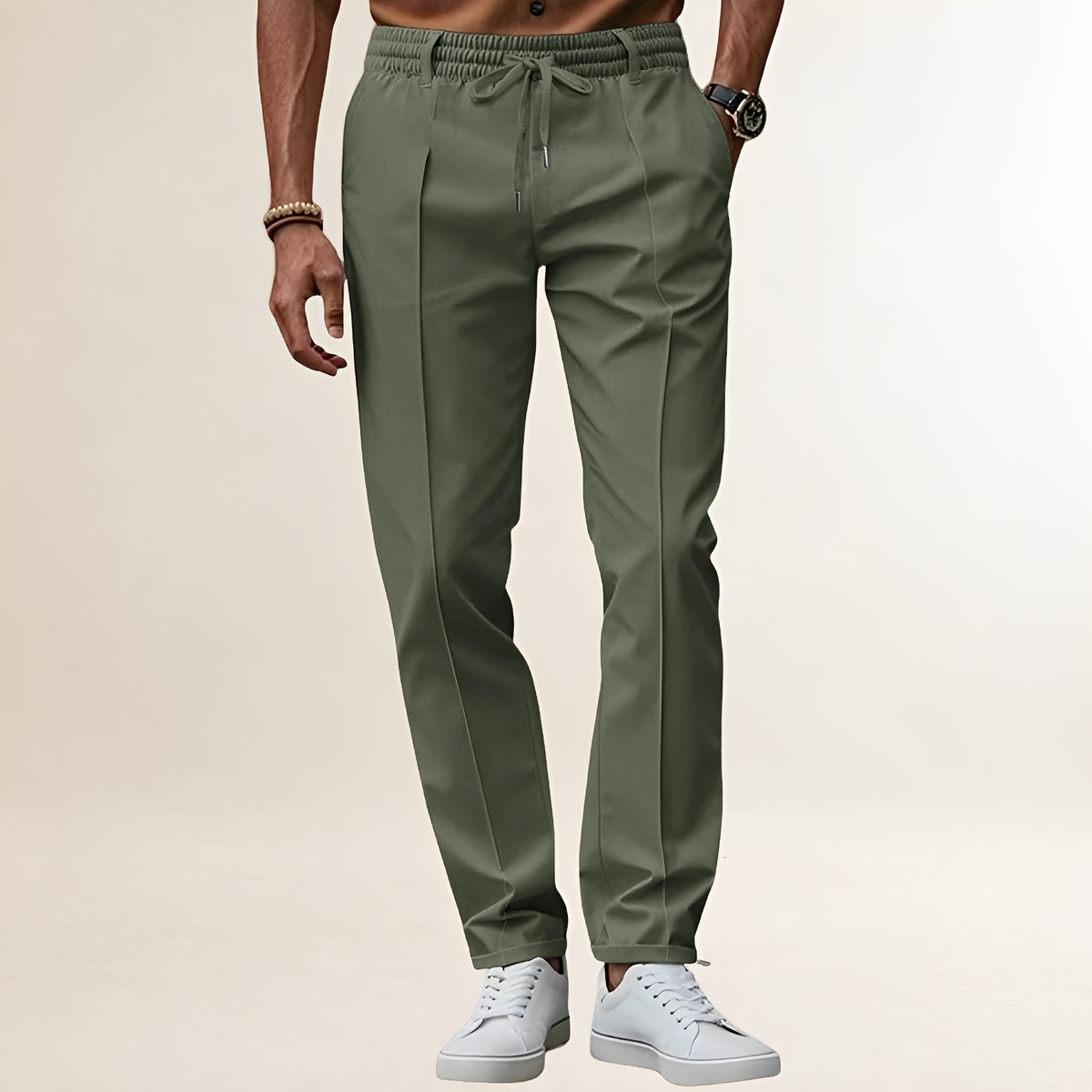 Pantalon pour homme à taille élastique avec cordon de serrage et pli marqué