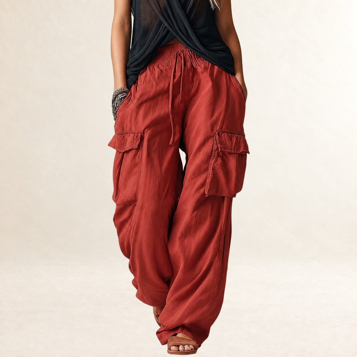 Pantalons cargo pour femmes à taille à cordon et coupe décontractée