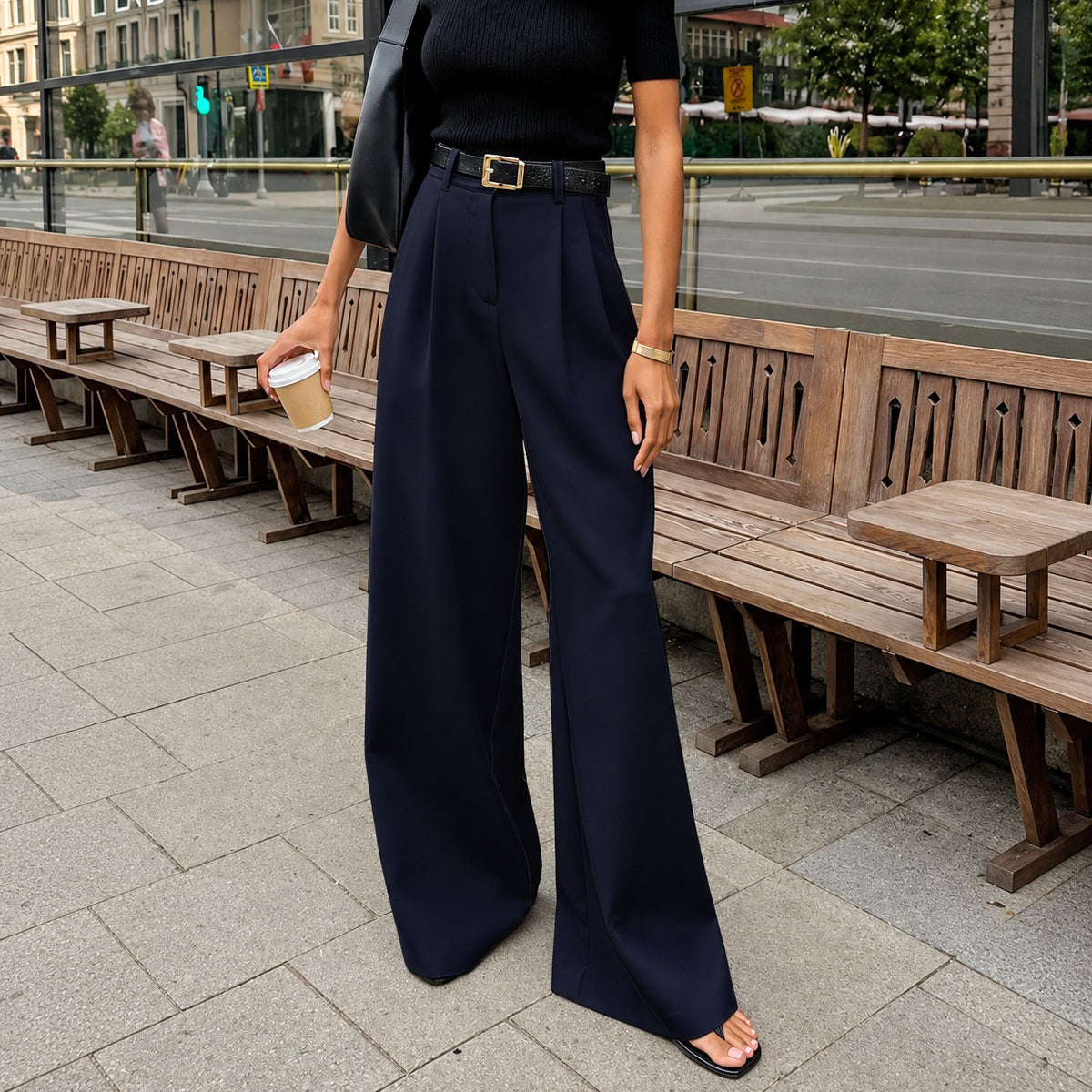 Pantalons femme à jambes larges haute taille à plis - coupe régulière