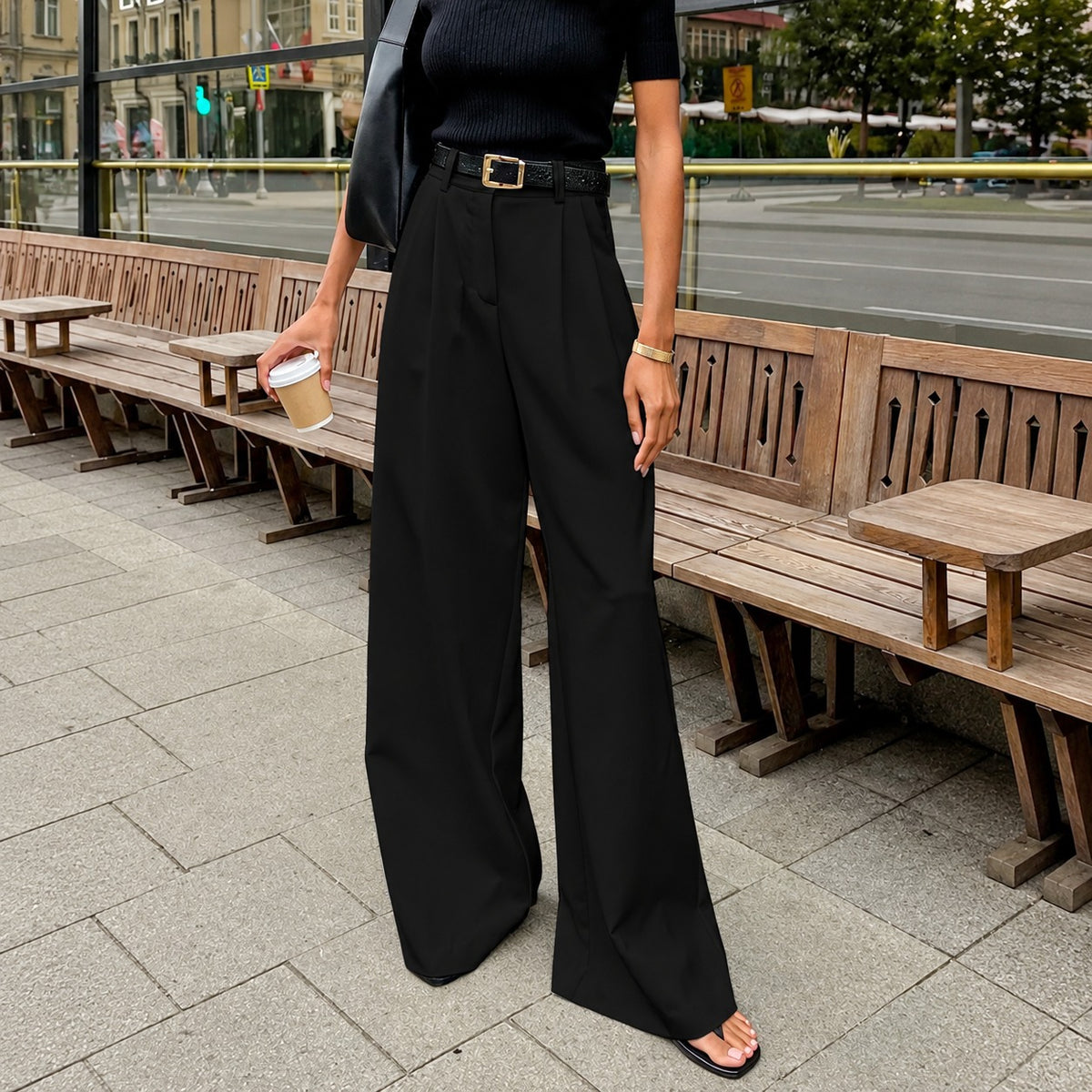 Pantalons femme à jambes larges haute taille à plis - coupe régulière