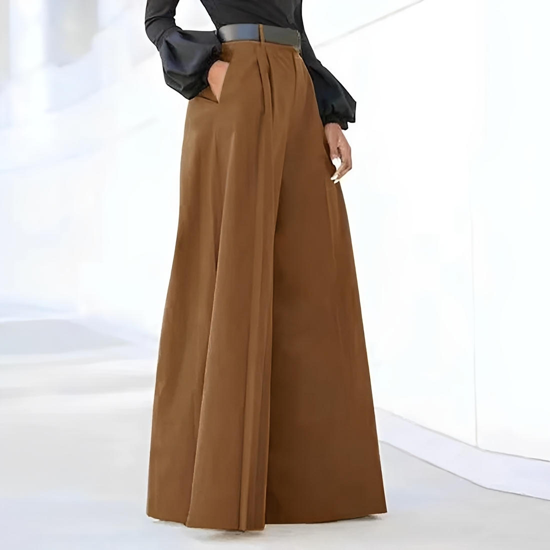 Pantalons femme à jambes larges taille haute plissés avec poches