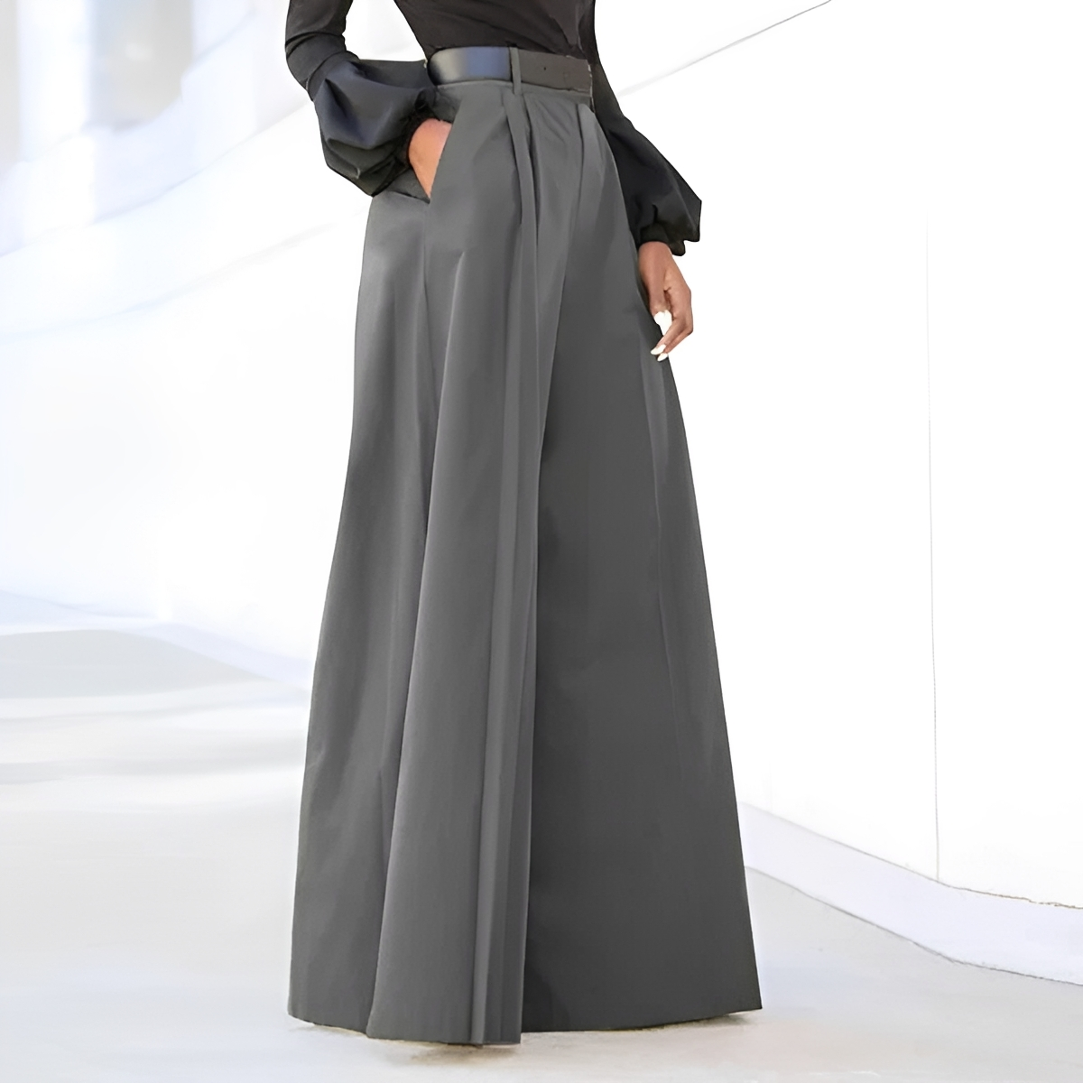 Pantalons femme à jambes larges taille haute plissés avec poches