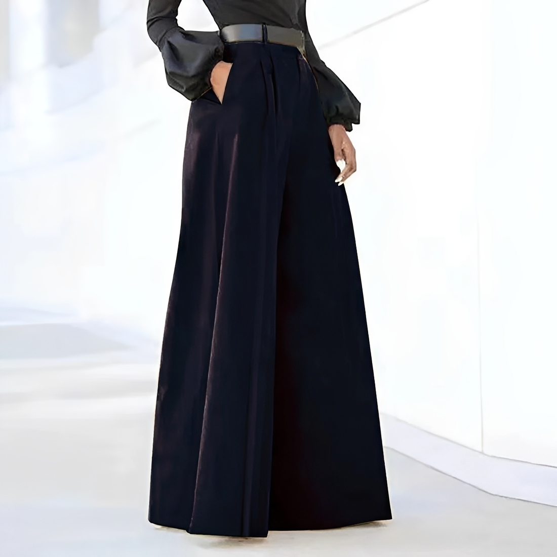 Pantalons femme à jambes larges taille haute plissés avec poches