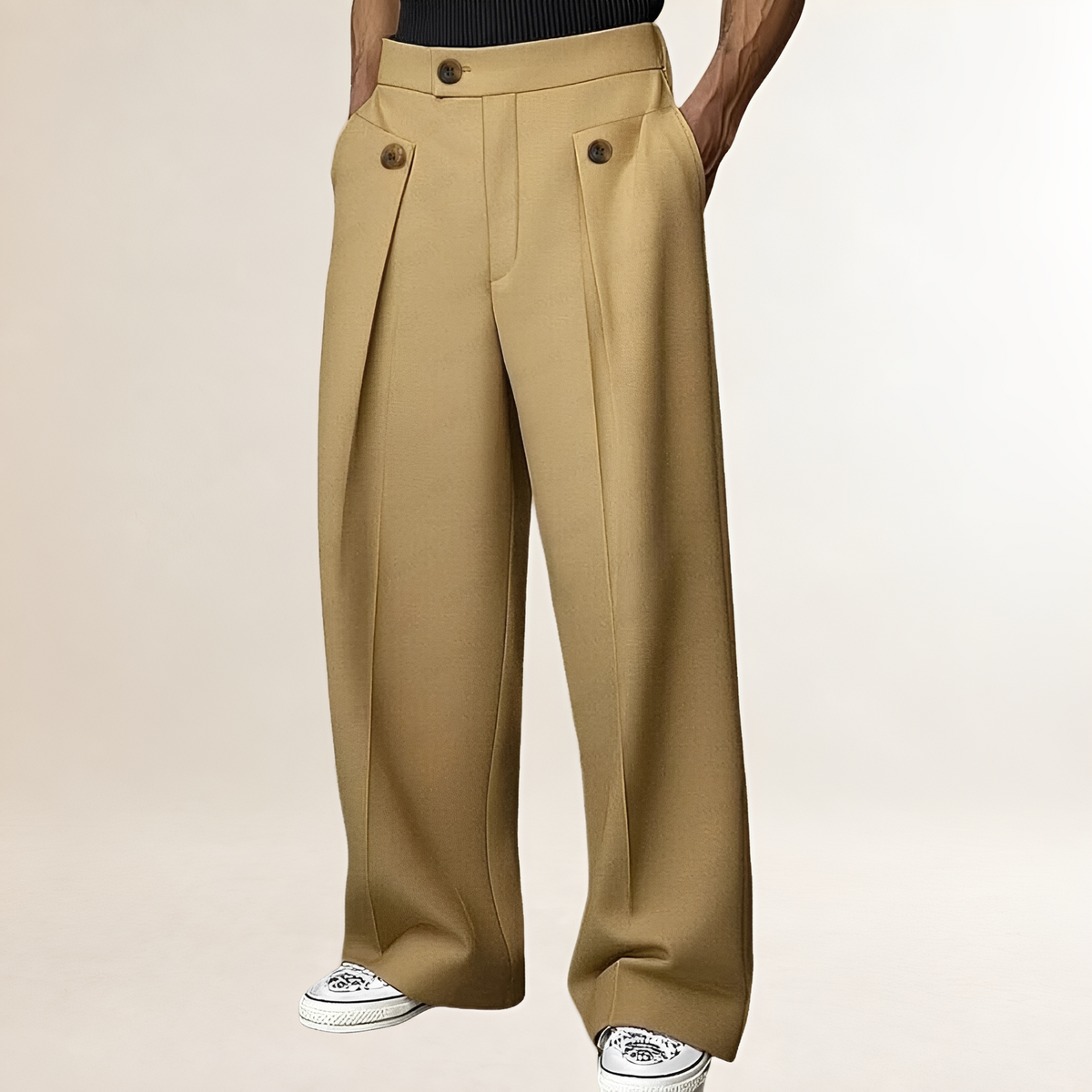 Pantalons homme à jambes larges taille haute avec bouton et plis
