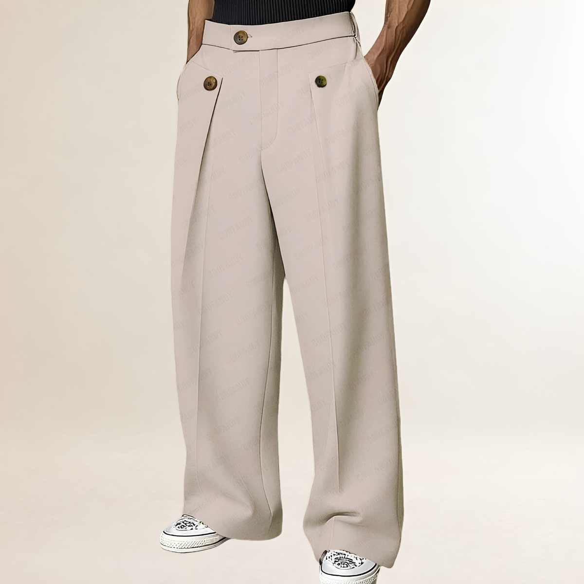 Pantalons homme à jambes larges taille haute avec bouton et plis