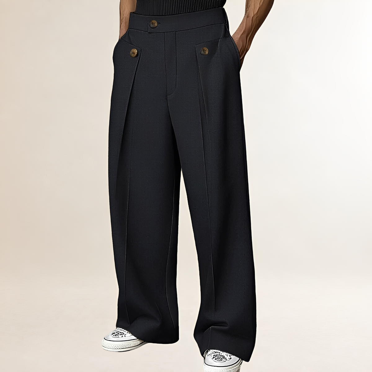 Pantalons homme à jambes larges taille haute avec bouton et plis