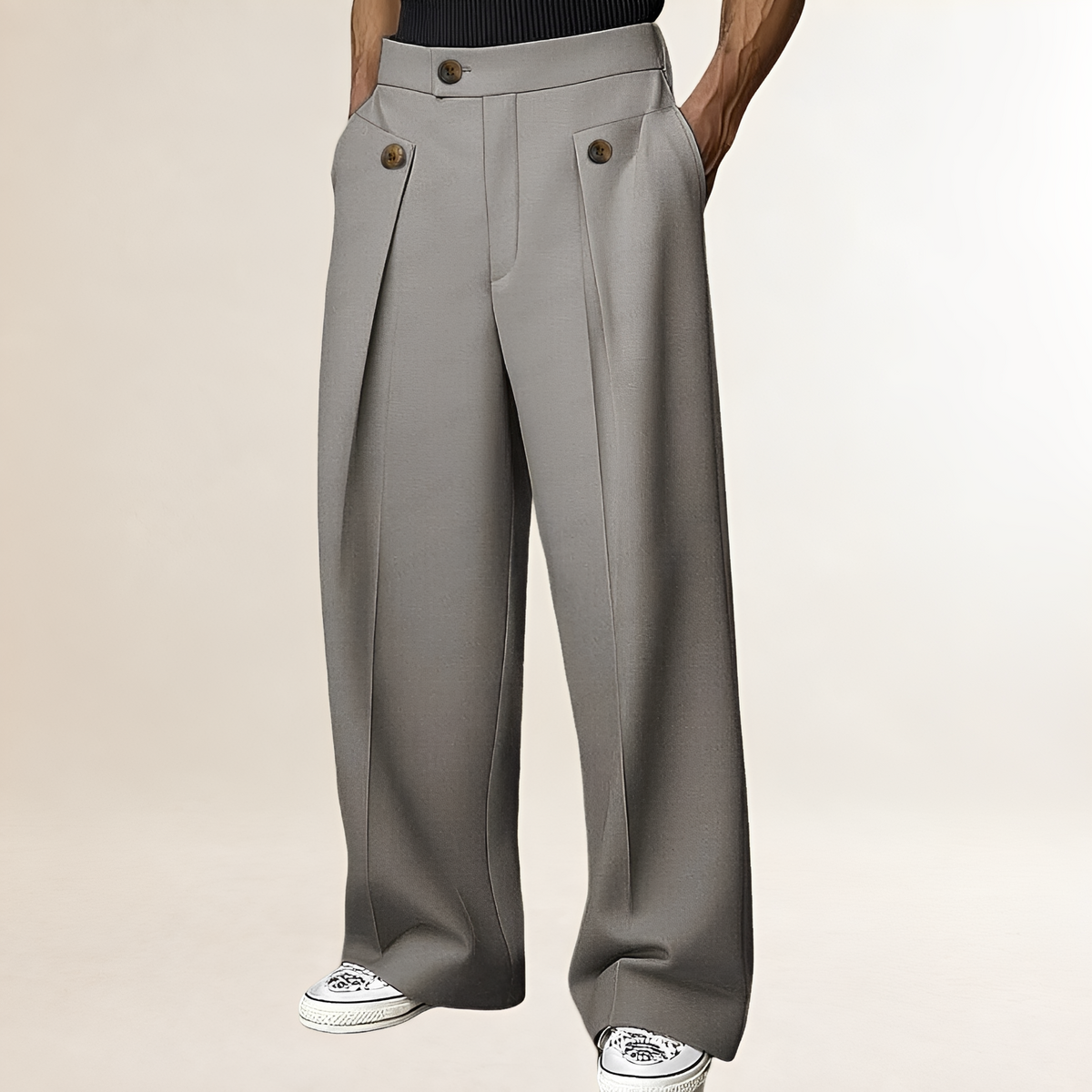 Pantalons homme à jambes larges taille haute avec bouton et plis