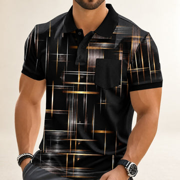 Polo homme à col polo, imprimé grille géométrique, poche poitrine, manches courtes, fermeture à 3 boutons, col et poignets contrastés, coupe