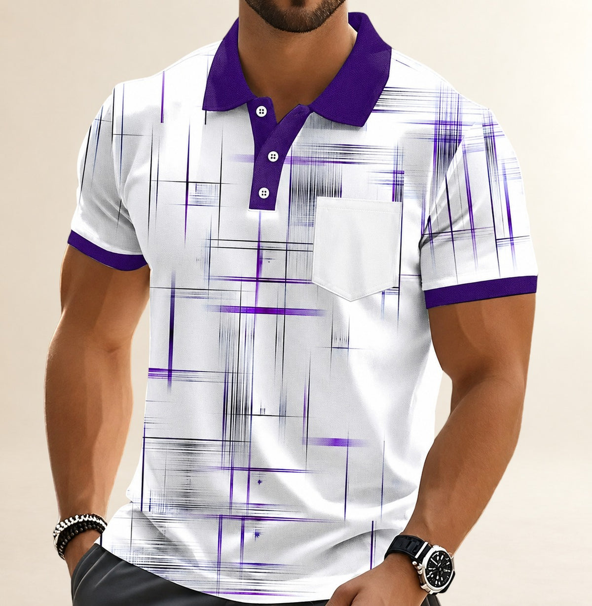 Polo homme à col polo, imprimé grille géométrique, poche poitrine, manches courtes, fermeture à 3 boutons, col et poignets contrastés, coupe