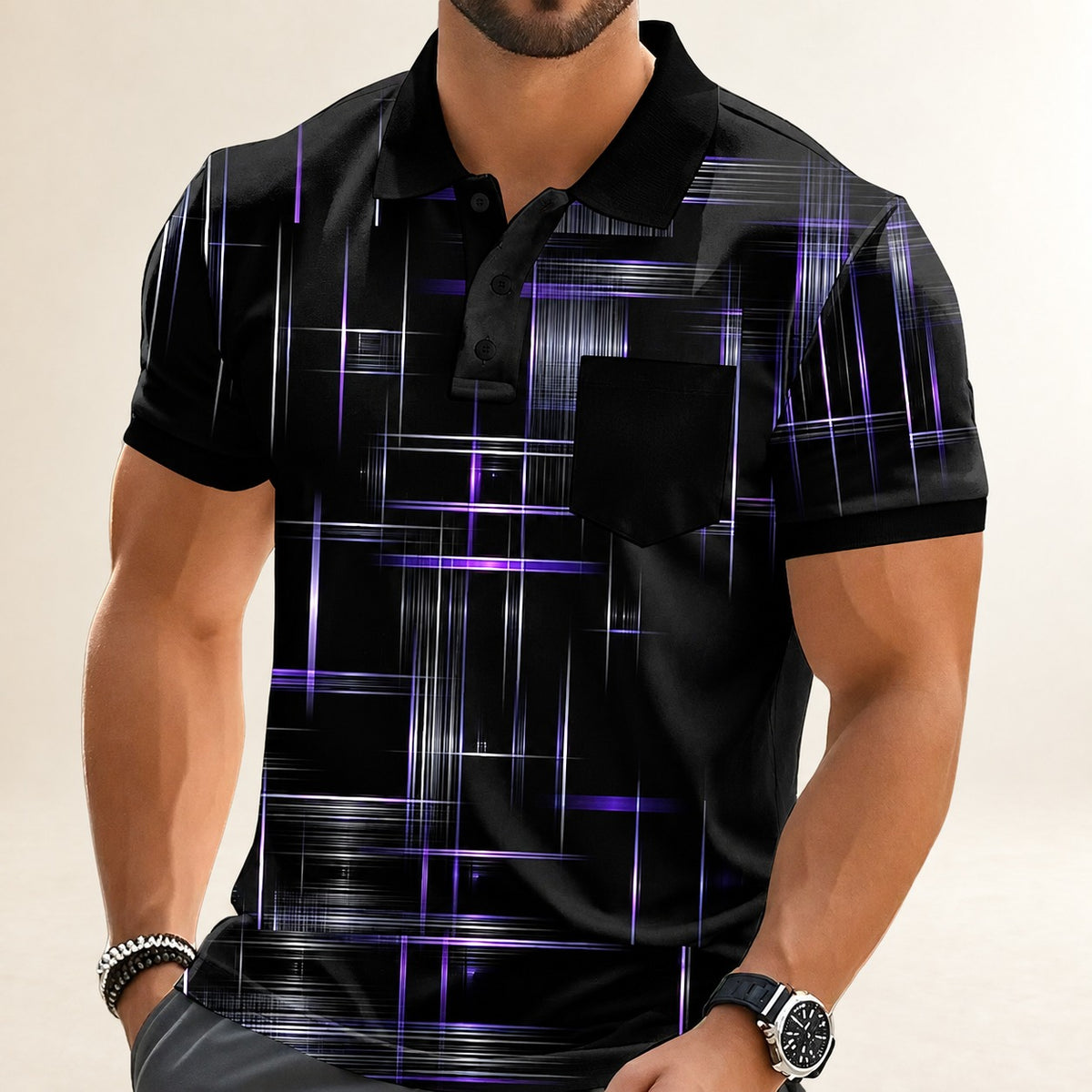 Polo homme à col polo, imprimé grille géométrique, poche poitrine, manches courtes, fermeture à 3 boutons, col et poignets contrastés, coupe